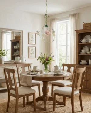 Cottage pendant light installed above round wooden dining table in vintage formal dining room, soft warm glow from botanical fixture