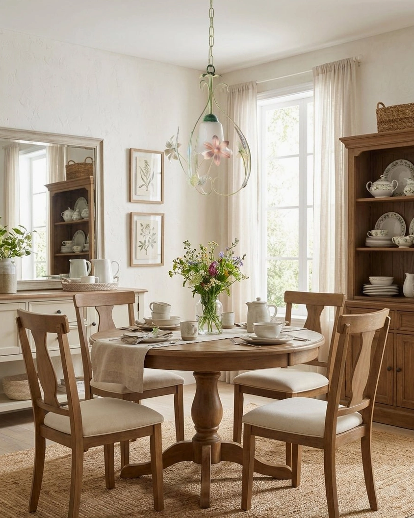 Cottage pendant light installed above round wooden dining table in vintage formal dining room, soft warm glow from botanical fixture