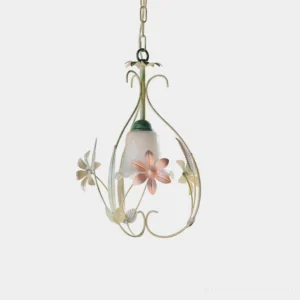 Botanical pendant light with hand-sculpted floral frame featuring delicate metal stems and pastel green and pink painted flowers against frosted glass shade