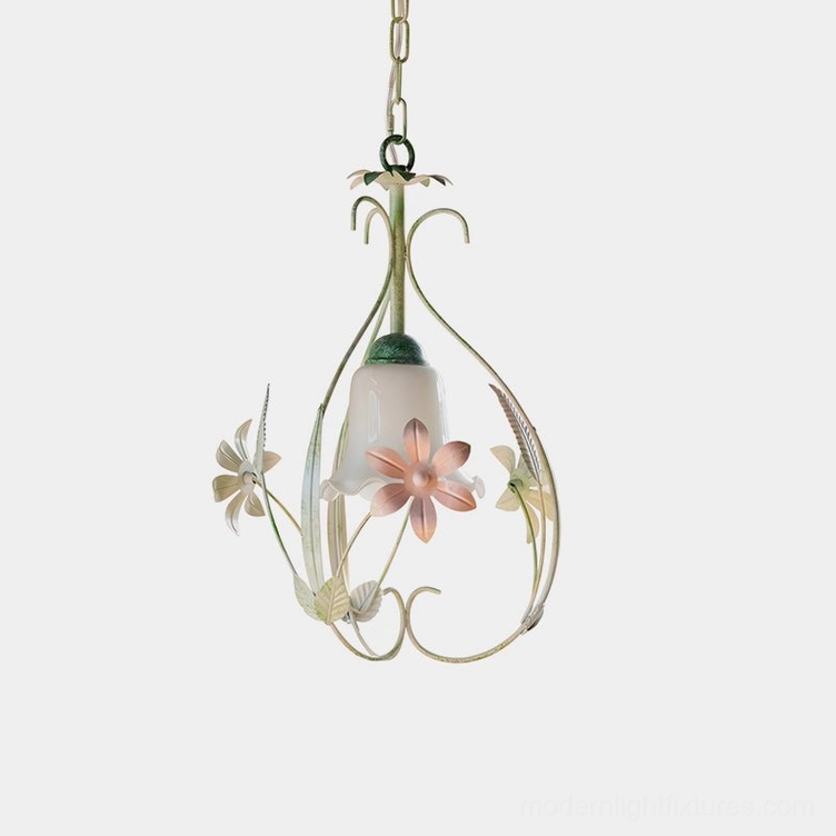 Botanical pendant light with hand-sculpted floral frame featuring delicate metal stems and pastel green and pink painted flowers against frosted glass shade