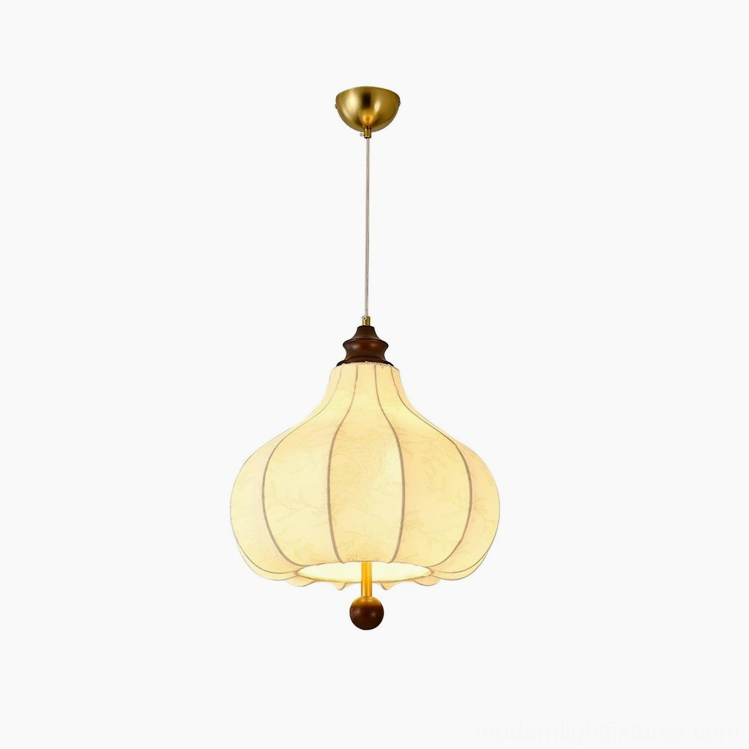 Close-up of botanical pendant lamp shade showing intricate floral print pattern and fabric texture detail