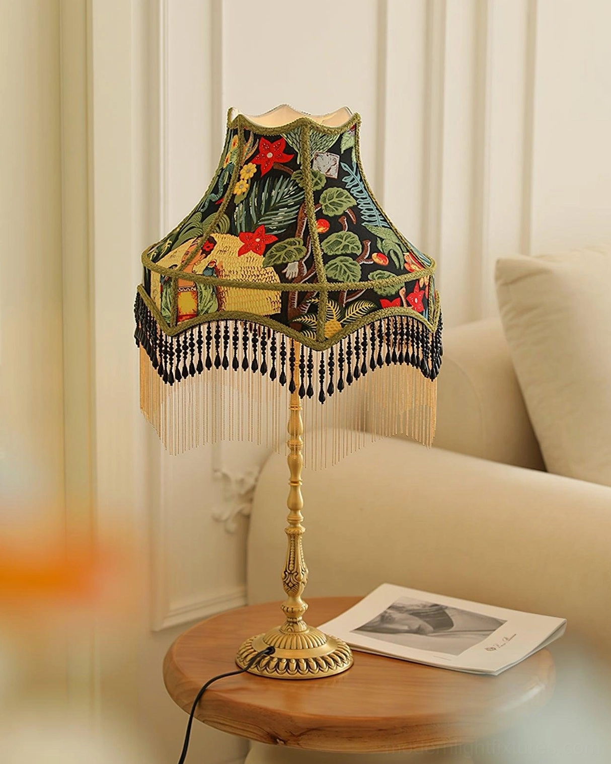 Vintage peony botanical table lamp with tropical floral silk shade and solid brass base in minimalist interior