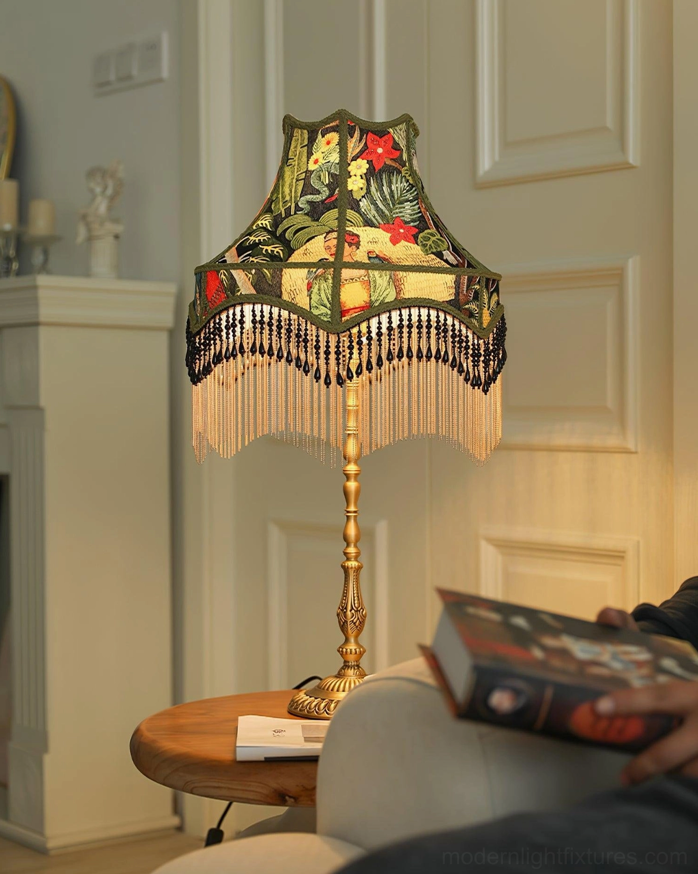 Botanical peony patterned lampshade with decorative fringe and hand-bound seams detail