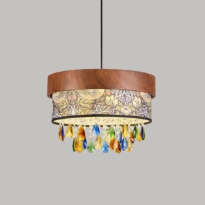 Double-drum pendant light featuring vintage botanical print shade with birds and foliage, crystal teardrops hanging below