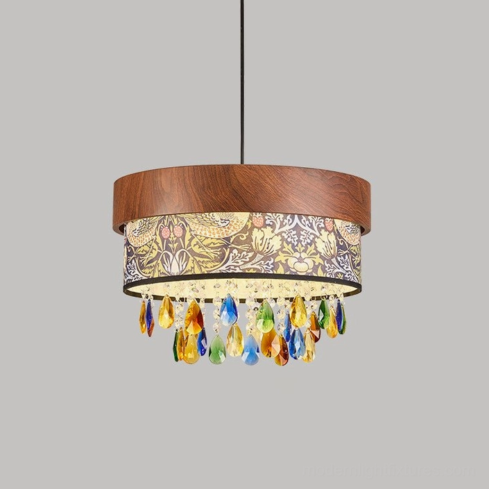 Double-drum pendant light featuring vintage botanical print shade with birds and foliage, crystal teardrops hanging below