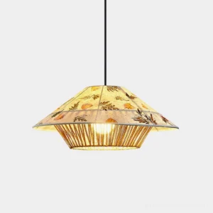 Botanical pressed rattan pendant lamp with rice paper shade, front bottom view showing intricate weave pattern