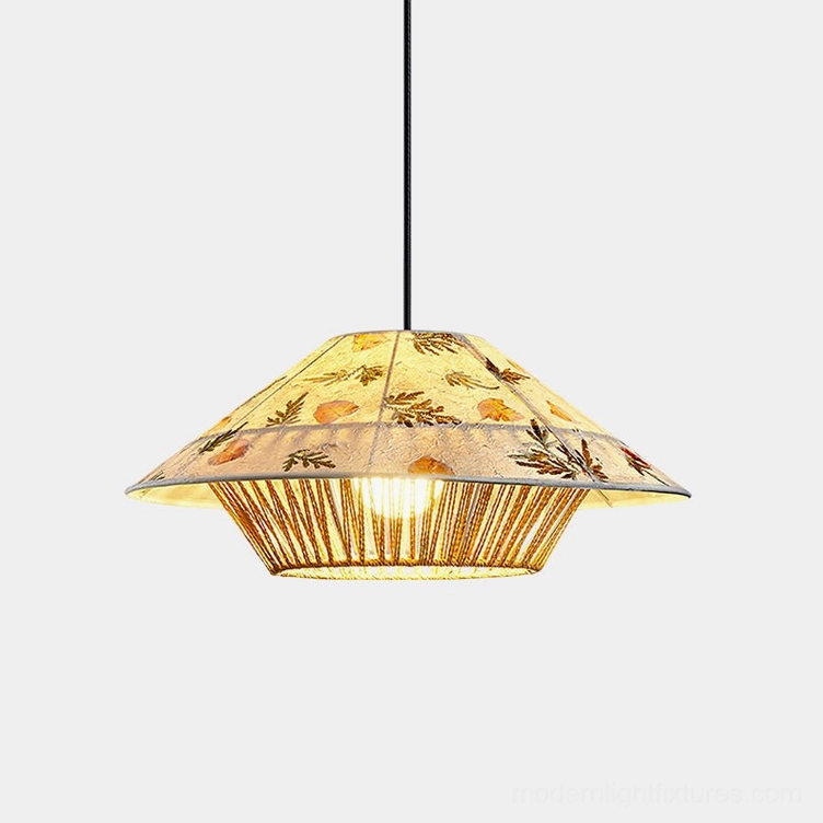 Botanical pressed rattan pendant lamp with rice paper shade, front bottom view showing intricate weave pattern