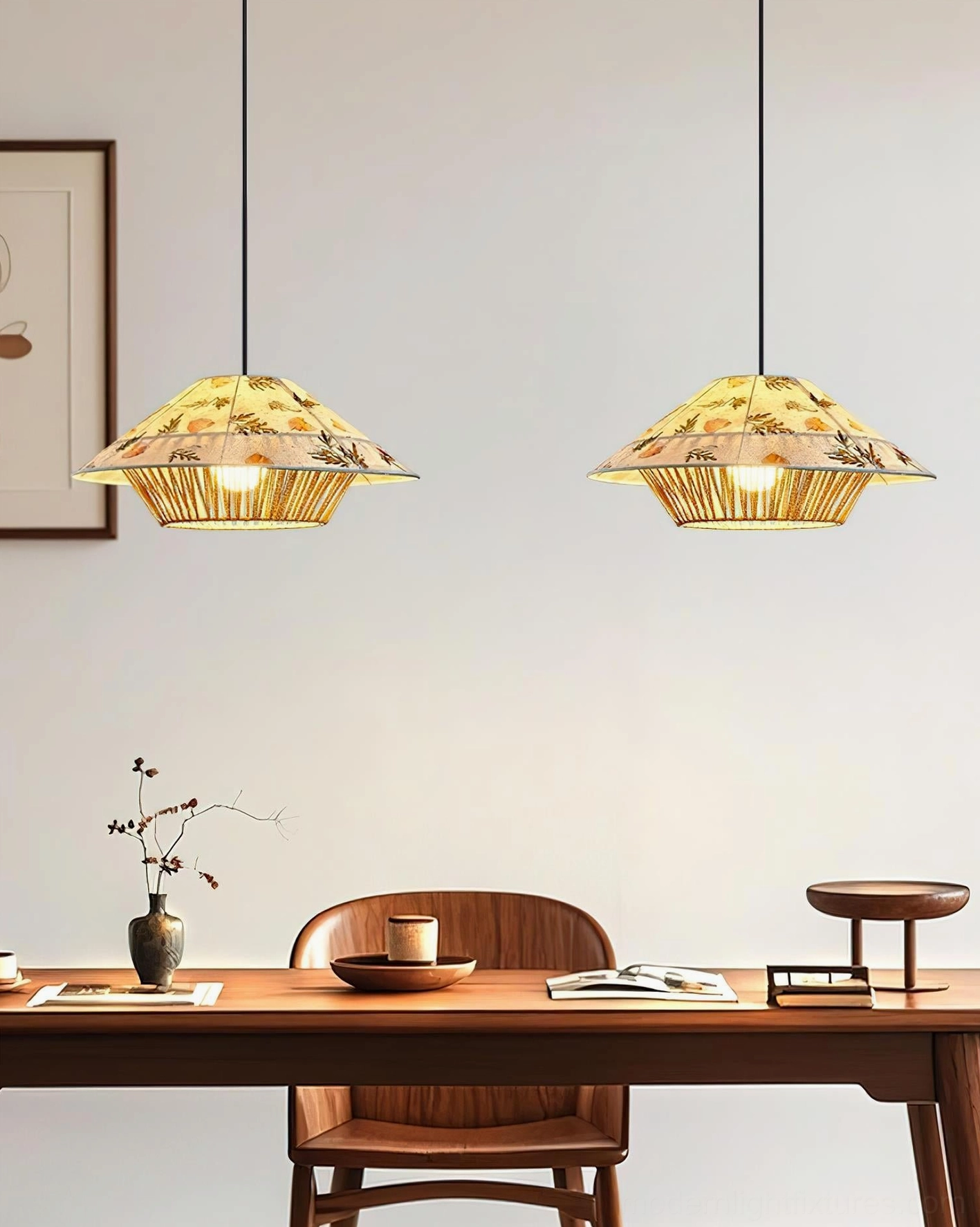 Botanical rattan pendant lamp in contemporary interior space with natural light exposure