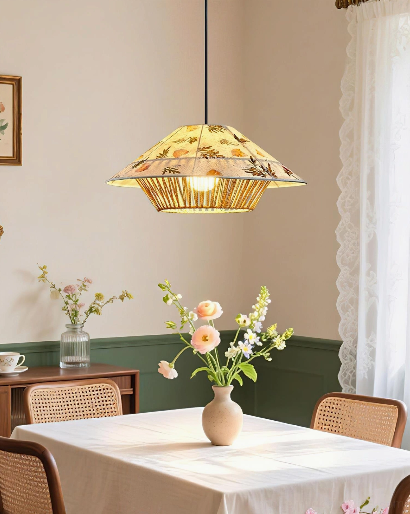 Pressed botanical designs in rice paper pendant lamp creating artistic shadow patterns