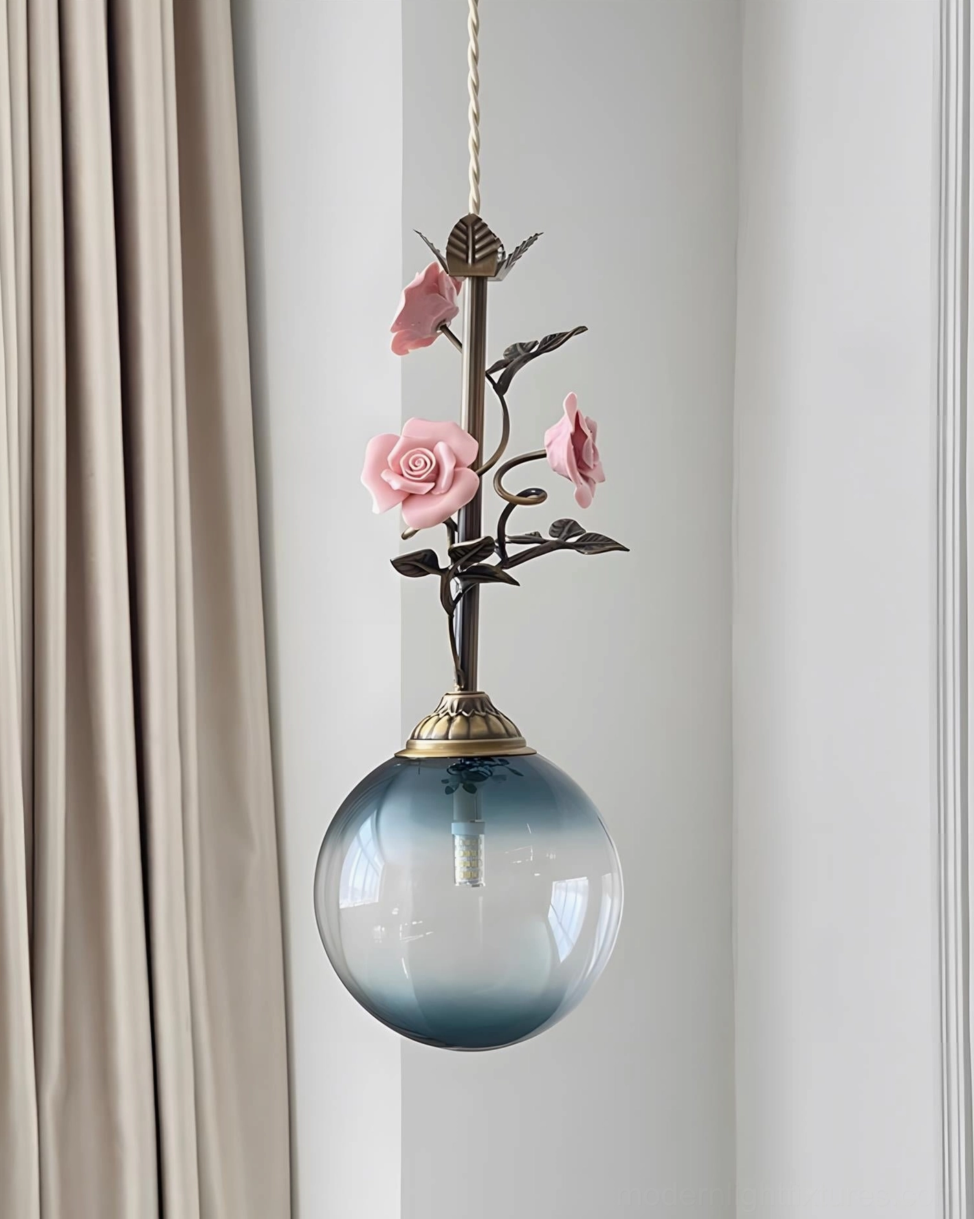 Botanical pendant light with delicate rose motifs, romantic cottagecore ambiance