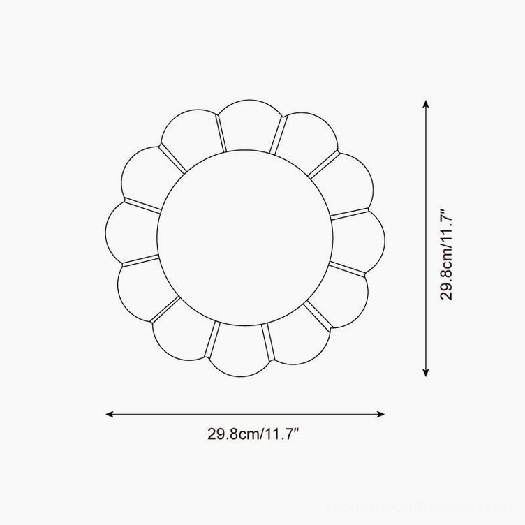 Technical dimension sketch of botanical petal wall lamp showing 29.8cm diameter and 11.7 inch measurements