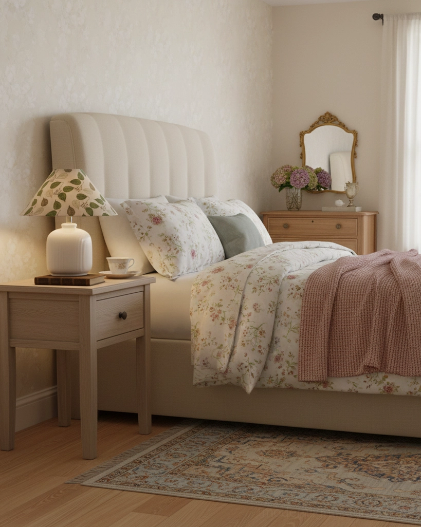 Botanical table lamp with green leaf printed fabric shade in relaxing master bedroom, paired with matching pillow prints