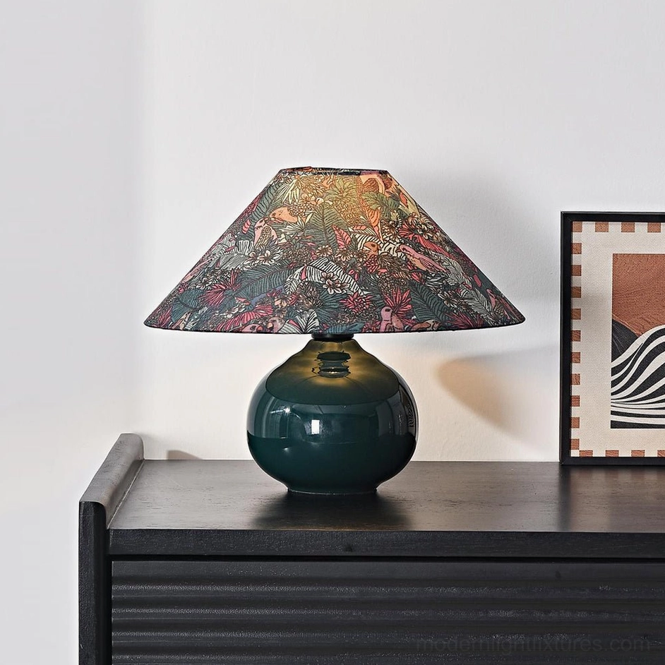Botanical ceramic table lamp forest green base with intricate wildlife pattern shade - available in US UK EU AU plug variants