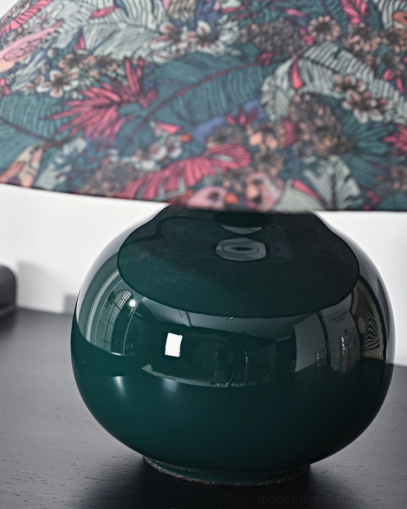 Botanical ceramic table lamp full view highlighting forest green base and intricate fabric shade design for eclectic interiors