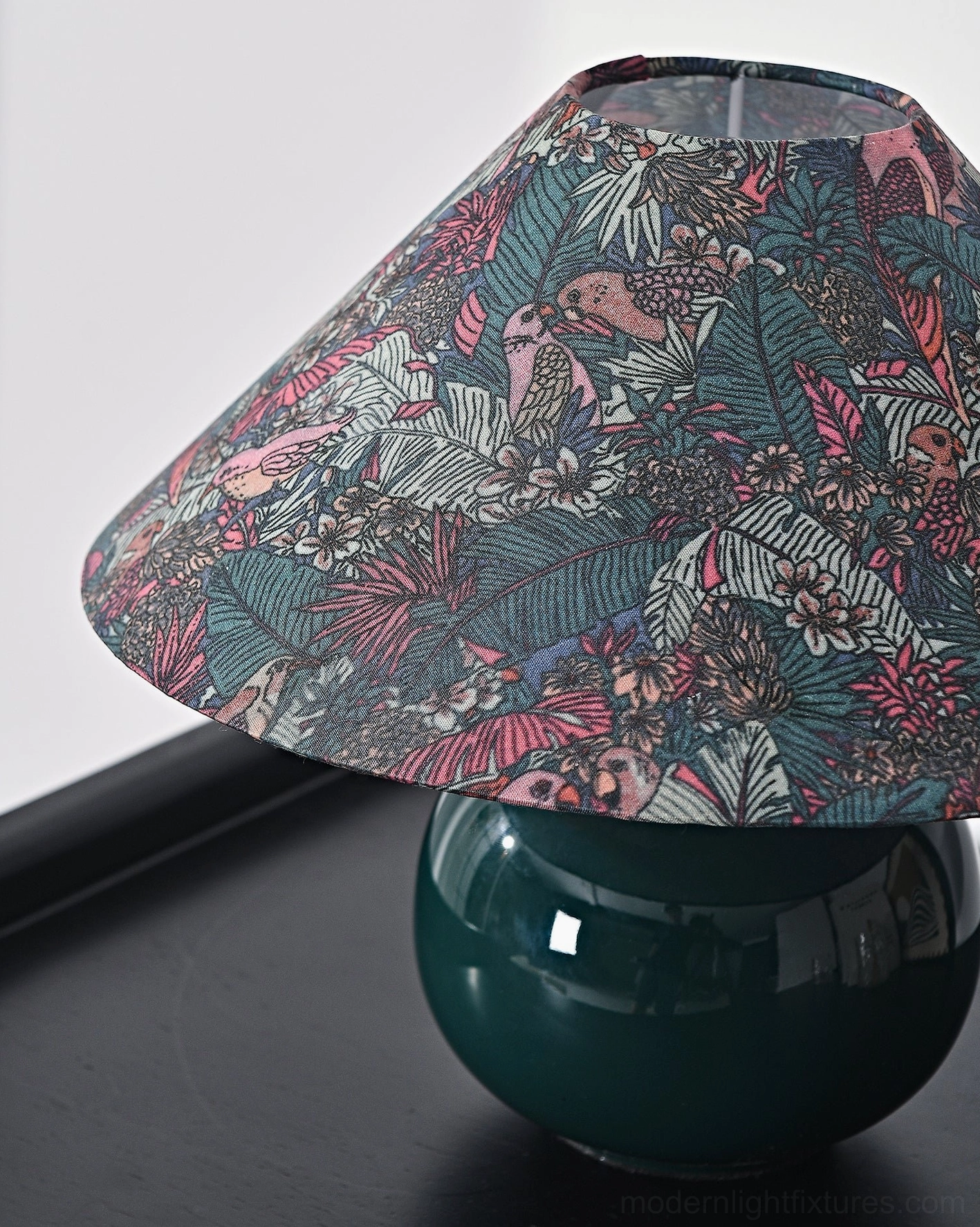Modern botanical table lamp shade showcasing detailed tropical wildlife and botanical artwork for nature-inspired home décor