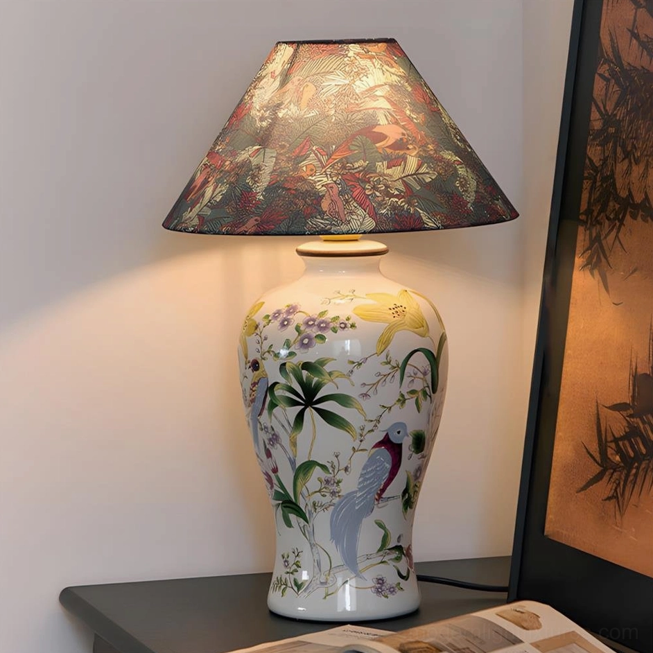 Botanical ceramic table lamp with dark tropical floral shade and hand-painted porcelain base, interior home display three-quarter view