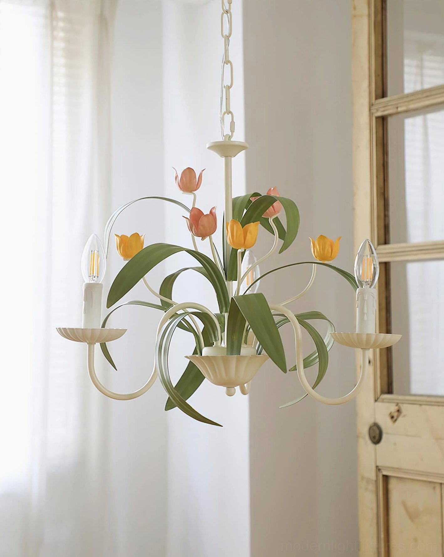 Botanical tulip ceiling light three-quarter view warm-toned off-white metal frame curved arms