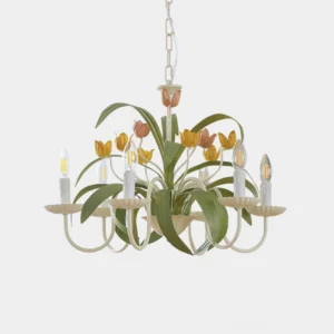 Botanical tulip chandelier frontal view with hand-painted yellow and pink flower blooms and green leaves on ivory metal frame