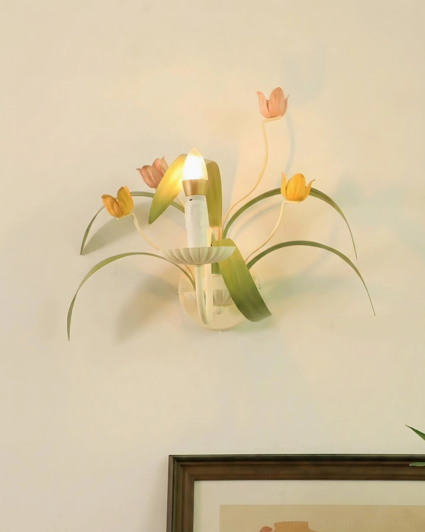 Botanical tulip wall sconce in living room setting - vintage pastoral home decor with warm candle-style lighting
