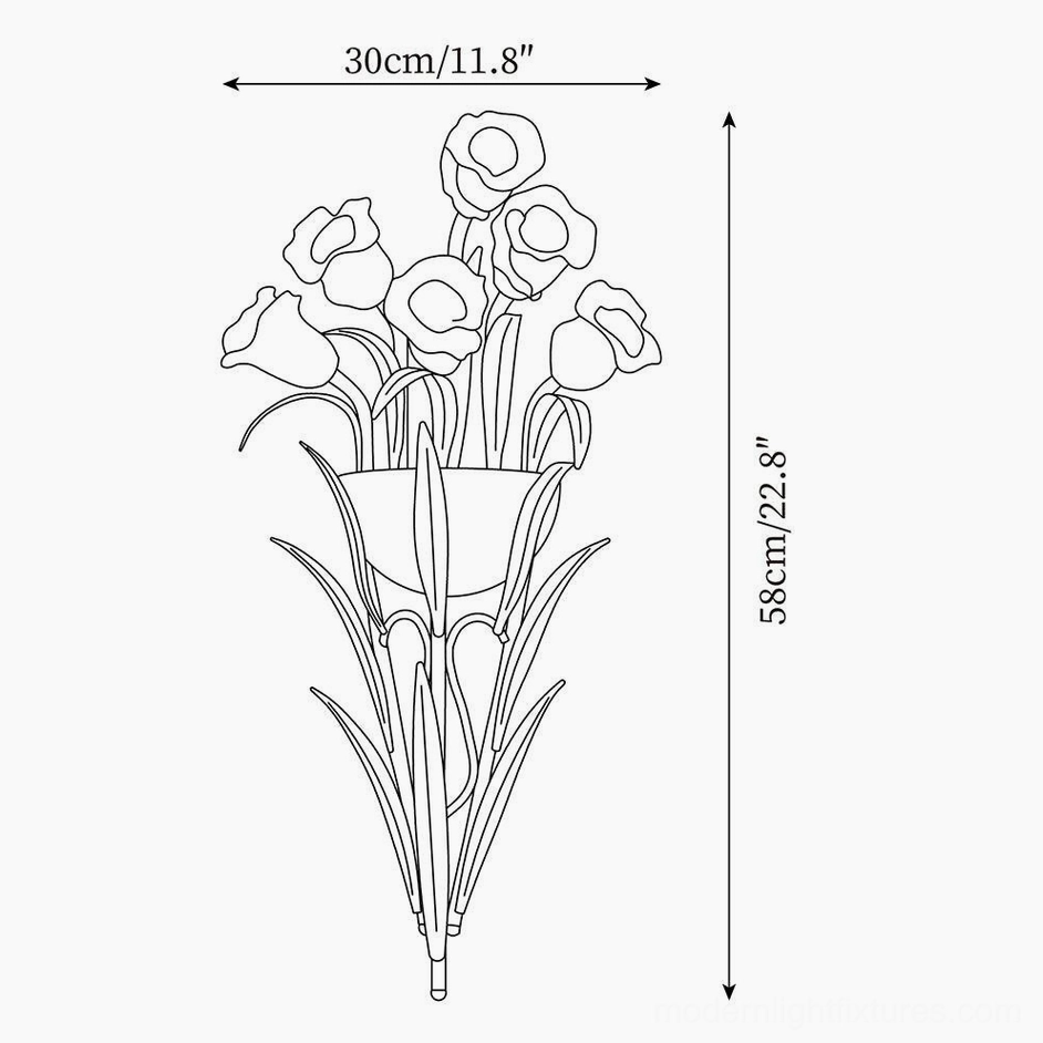 Technical line drawing and dimensions of green botanical wall sconce, size specifications front view blueprint