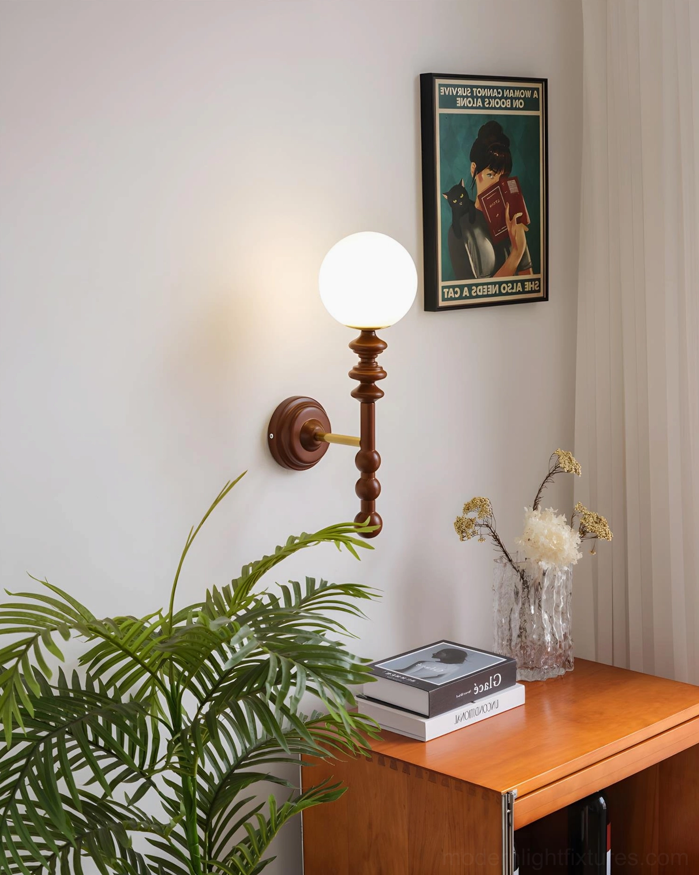Bouton wall lamp installed in modern home interior with wooden fixture and ambient globe shade lighting