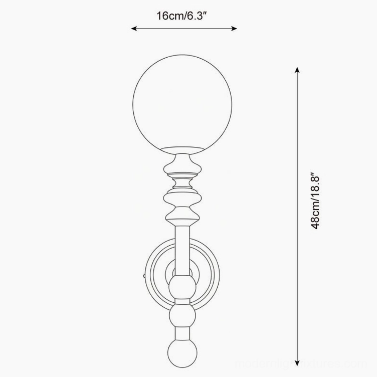 Bouton wall sconce technical drawing showing dimensions 16cm width by 48cm height specifications