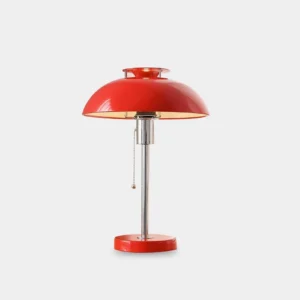Bowie mid-century modern table lamp with red dome shade and polished chrome stem, front view on white background