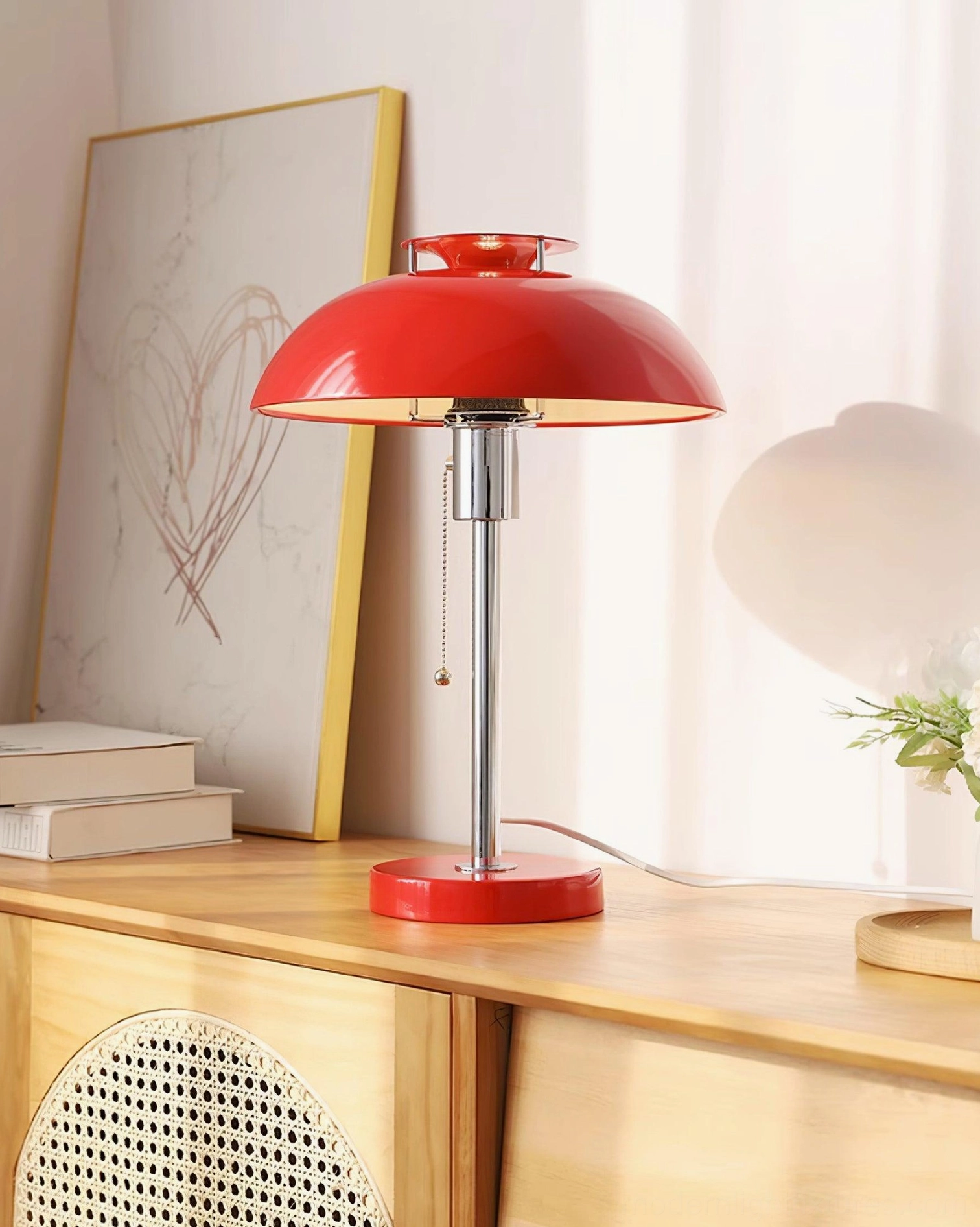Red Bowie mid-century modern table lamp on wooden cabinet with wall art, glossy red finish with chrome hardware