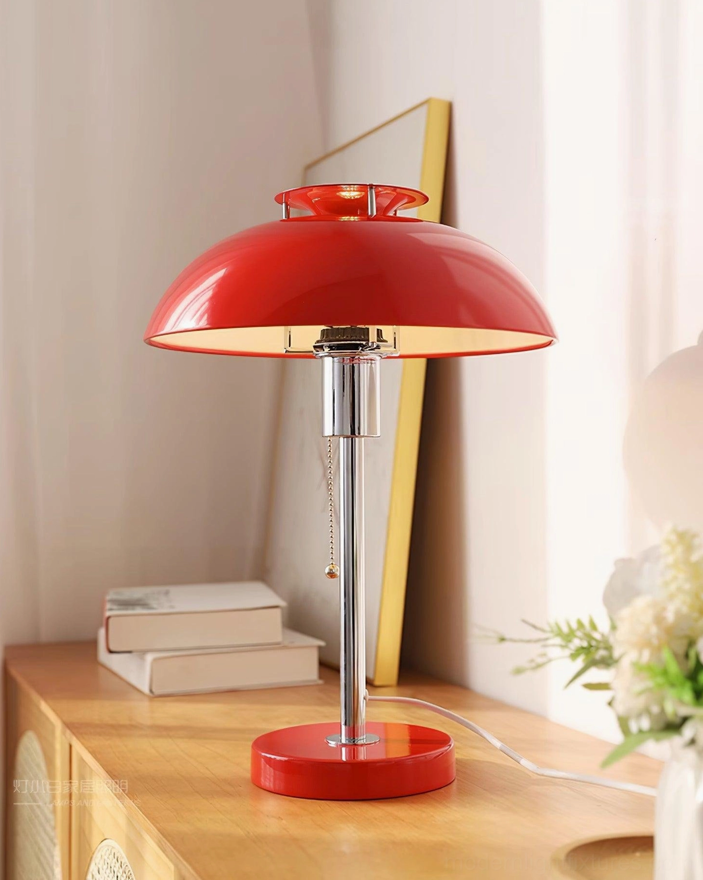 Red Bowie table lamp lifestyle photo in styled interior showing tableware coordination