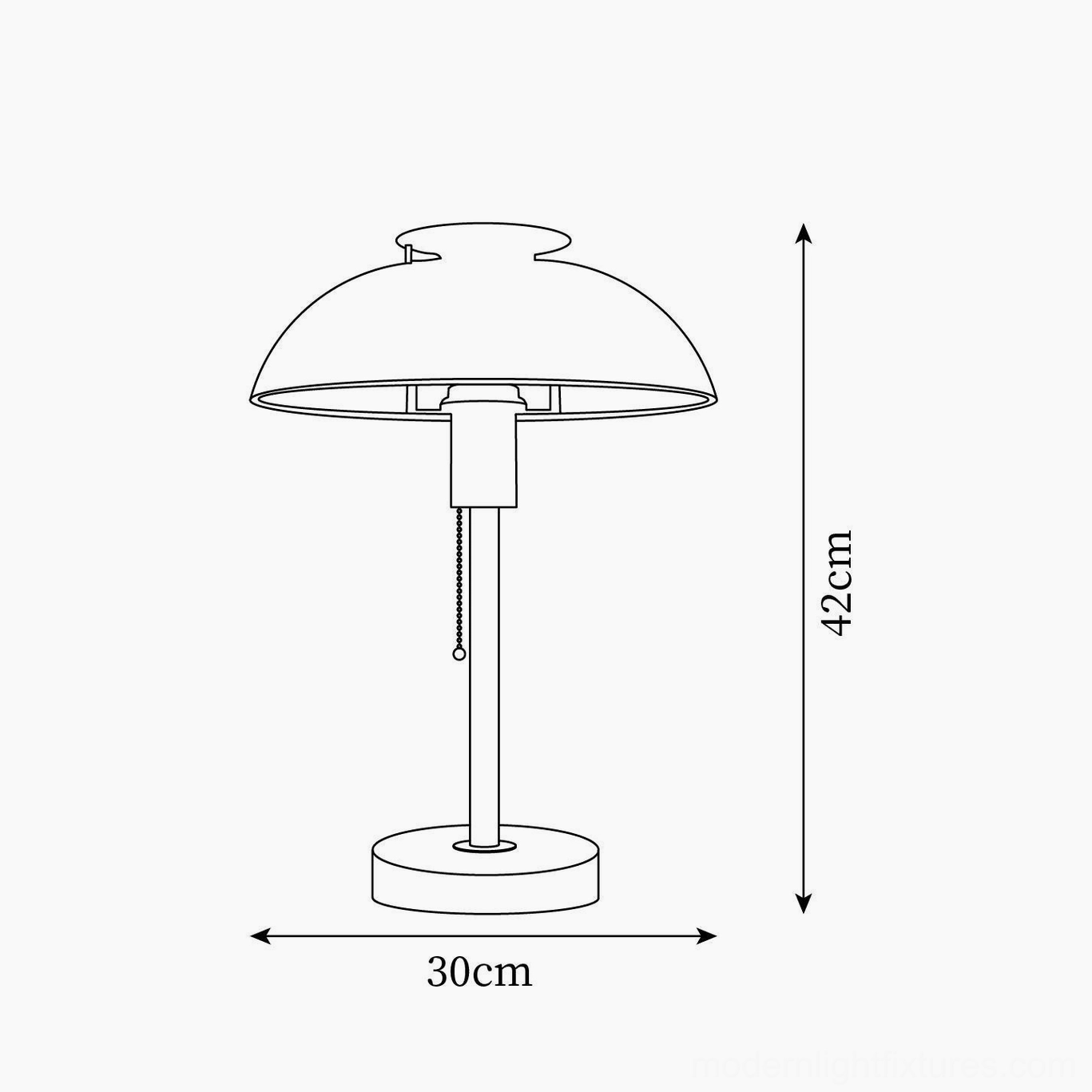 Technical orthographic drawing of Bowie table lamp showing 42cm height and 30cm base diameter specifications