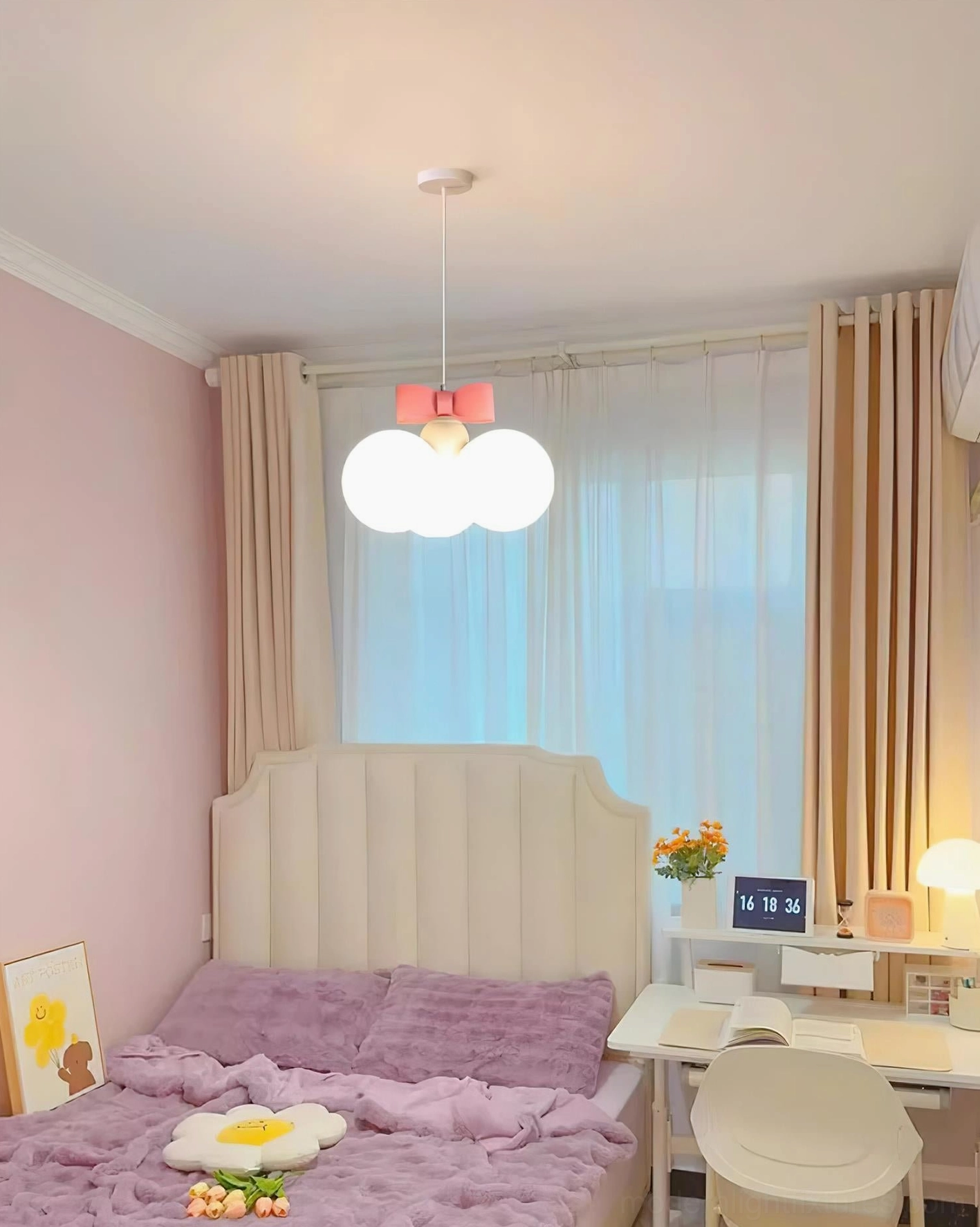 Bowknot pendant light in purple-toned bedroom with cream curtains and home office workspace