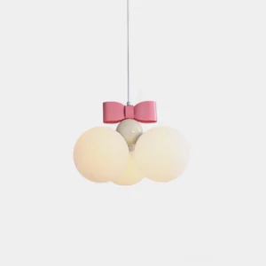 Bowknot spherical pendant light with three frosted glass shades and pink bow connector on white background