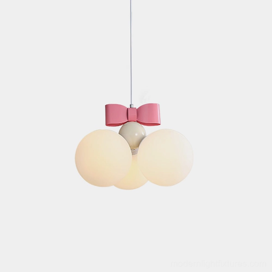 Bowknot spherical pendant light with three frosted glass shades and pink bow connector on white background