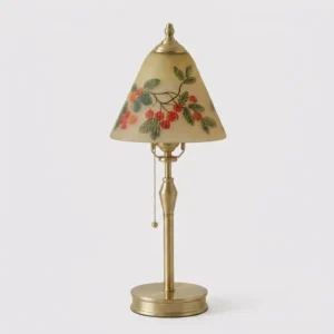 Bramelle vintage table lamp with turned brass column and hand-painted cherry-and-leaf botanical glass shade, direct front view