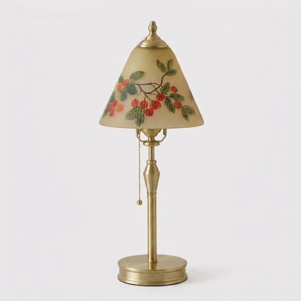 Bramelle vintage table lamp with turned brass column and hand-painted cherry-and-leaf botanical glass shade, direct front view