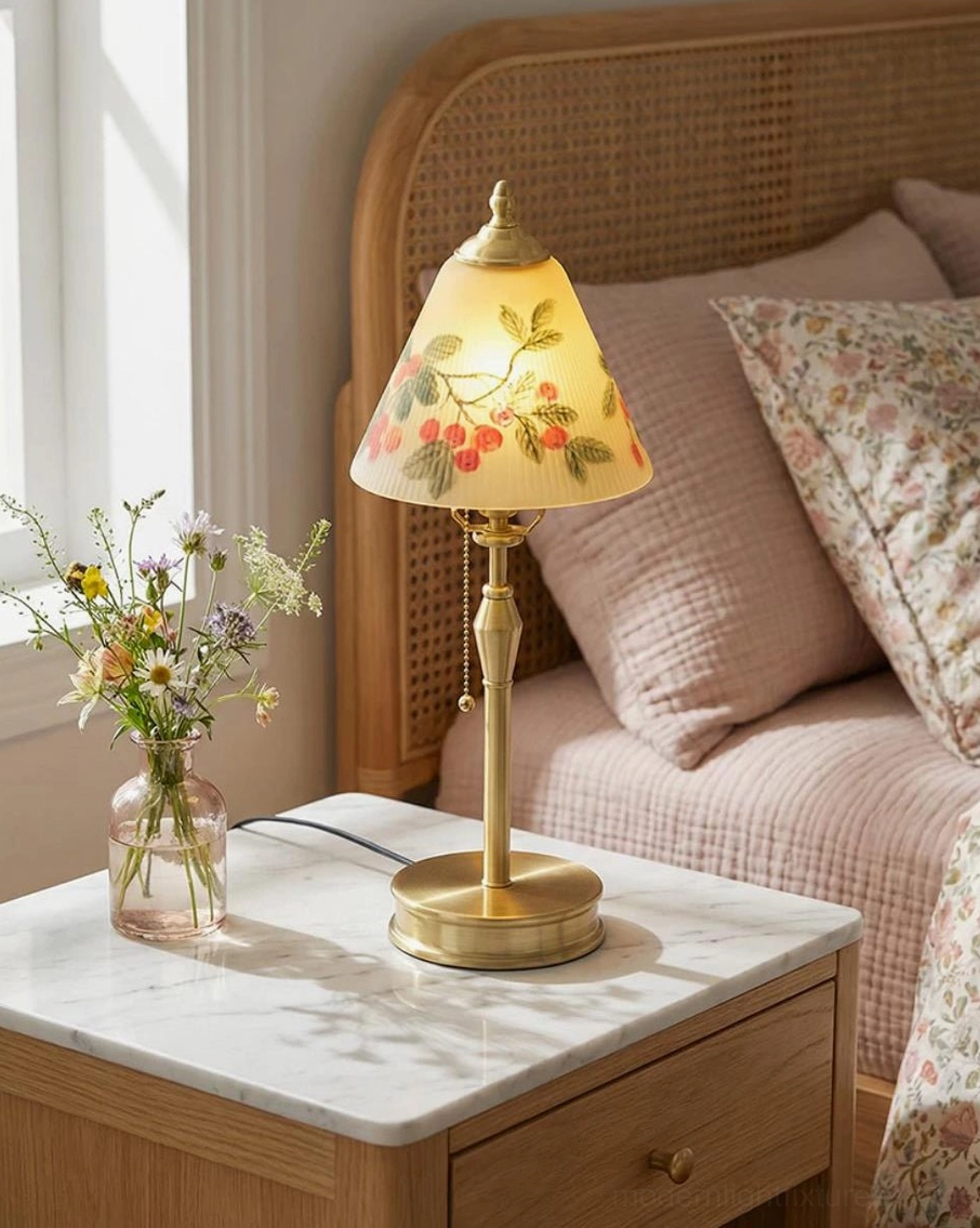Bramelle hand-painted glass shade comparison showing natural variation in cherry-and-leaf botanical motif, individual hand-painted pieces