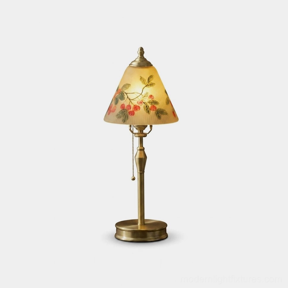 Bramelle hand-painted brass table lamp with conical cherry glass shade, three-quarter front view on white background