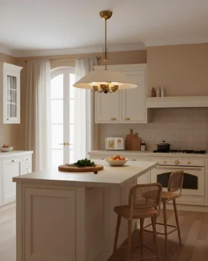 Bramelle multi-arm pendant light in vintage kitchen with island - warm brass and beige fabric shade