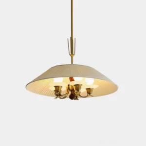 Bramelle pleated fabric pendant light with brass frame and wooden finial - studio product view