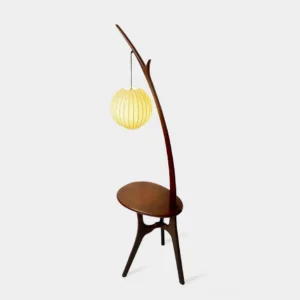 Handcrafted branch floor lamp with fabric lampshade and integrated side table, walnut wood finish, front view on white background