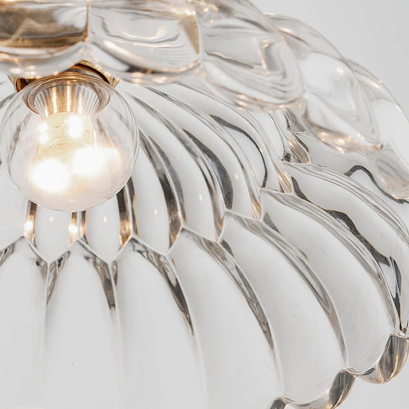 Farmhouse pendant light with scalloped clear glass and walnut wood, kitchen island styling inspiration