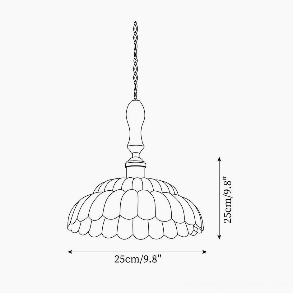 Dimensional schematic line drawing of scalloped pendant light, 25cm width specification