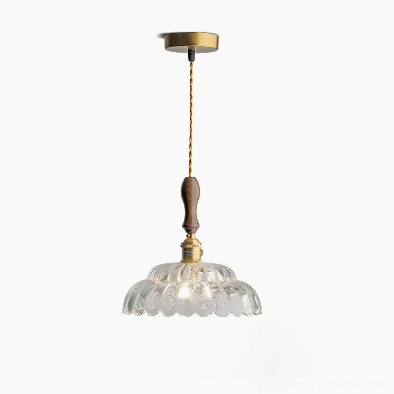 Handcrafted walnut wood pendant light with clear fluted glass, mid-century modern design detail