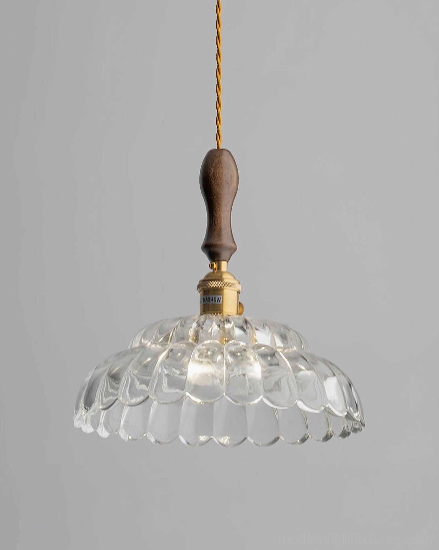 Brass and wood scalloped pendant lamp, transitional design style with diffused ambient glow
