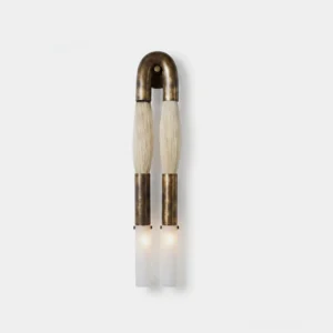 Branwick sculptural wall sconce with aged brass frame, frosted glass diffusers, and wrapped horsehair details on white background