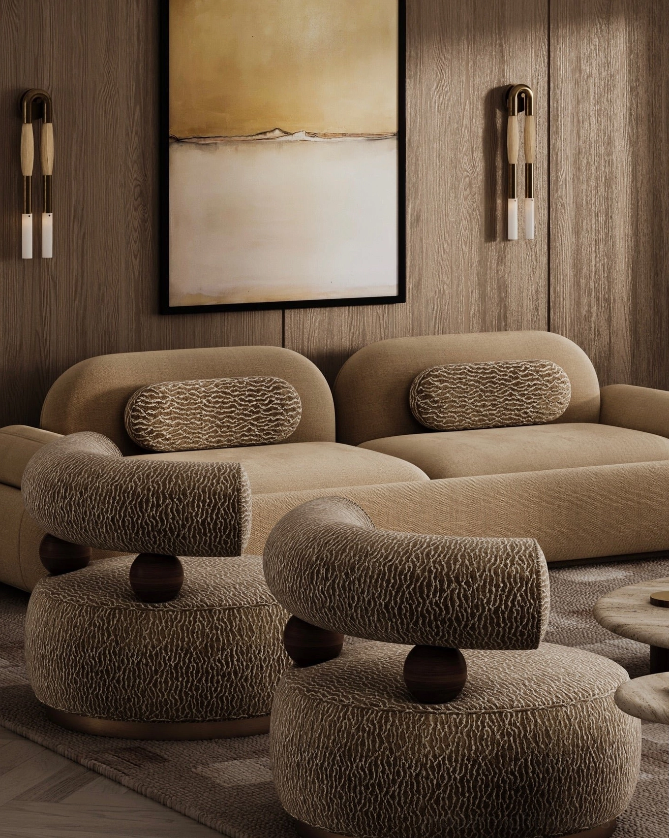 Pair of Branwick wall sconces flanking wood panel accent wall in contemporary living room with linen sectional and warm modern décor