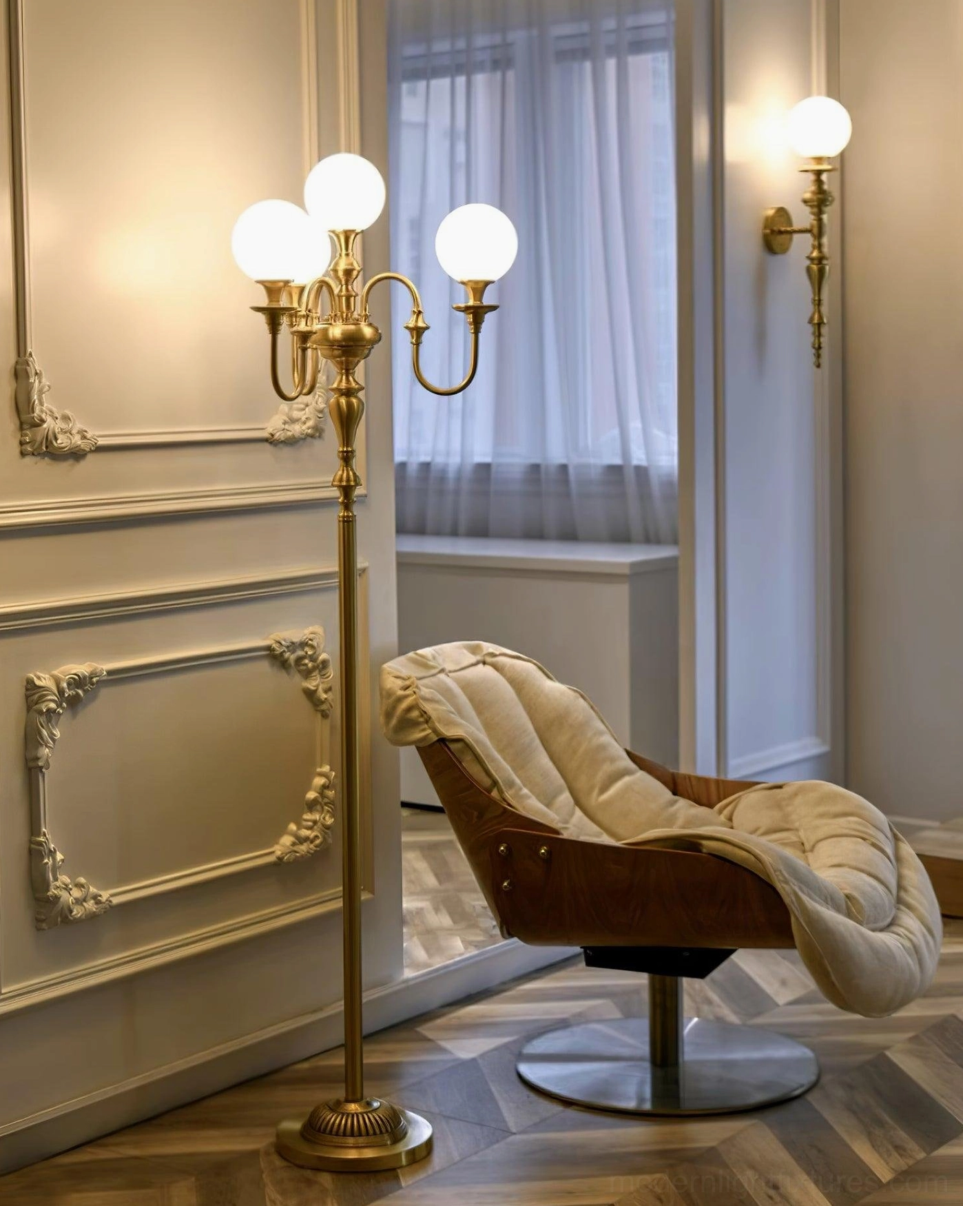 Brass candelabra floor lamp detail shot highlighting handcrafted brass construction and elegant curved arm details