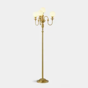 Beatty brass candelabra floor lamp with five opal white glass shades, vintage neoclassical design, studio product view with gold brass finish