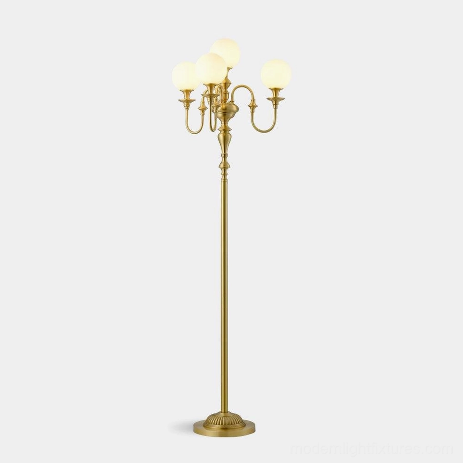 Beatty brass candelabra floor lamp with five opal white glass shades, vintage neoclassical design, studio product view with gold brass finish
