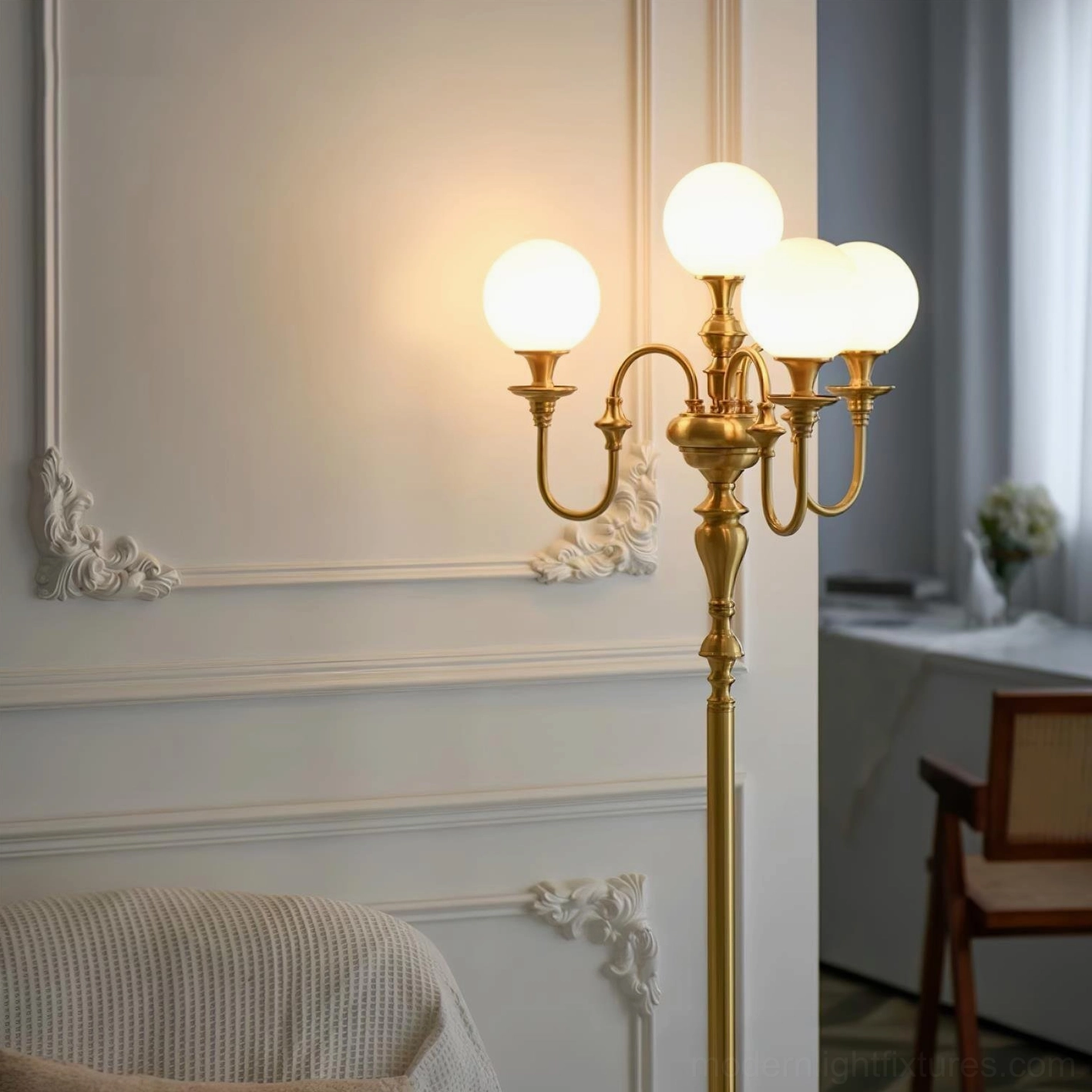 Brass candelabra floor lamp illuminated in home study parlor, warm ambient lighting with decorative wall paneling and classical interior